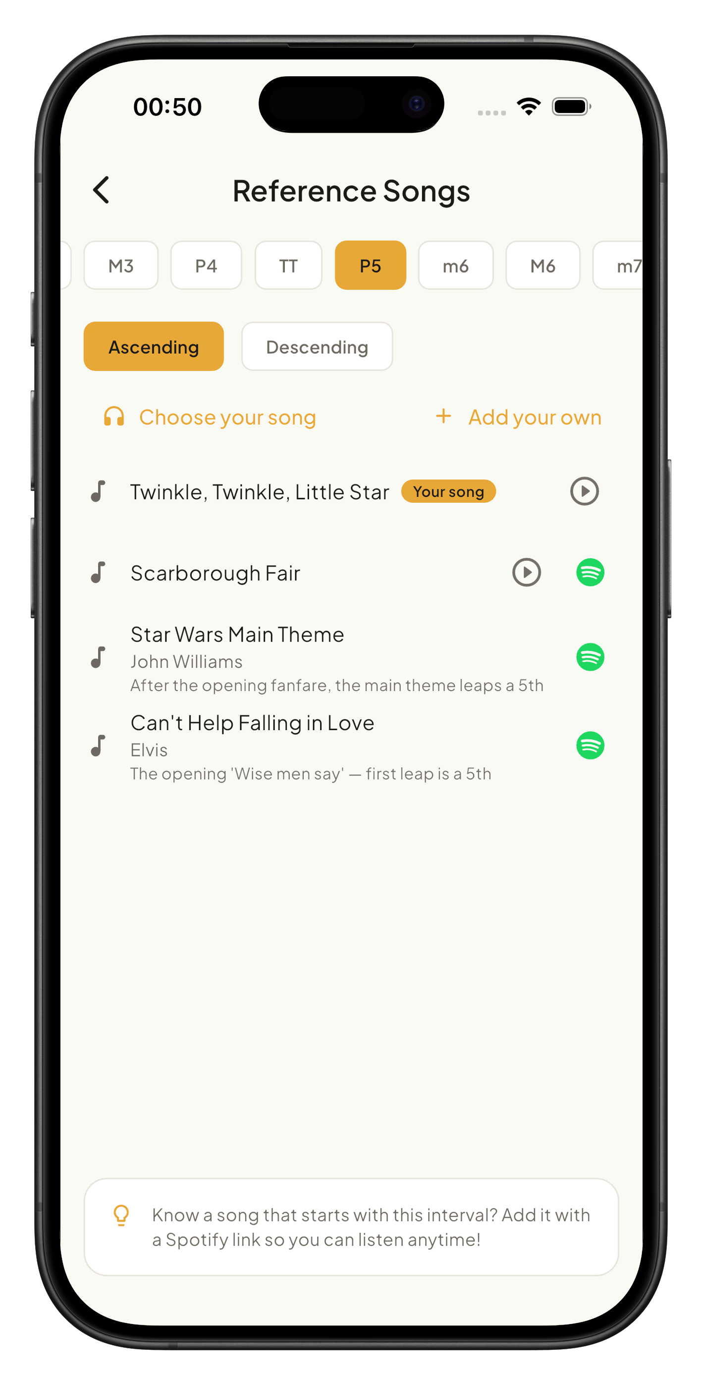 Reference songs library grouped by interval with playable Spotify links