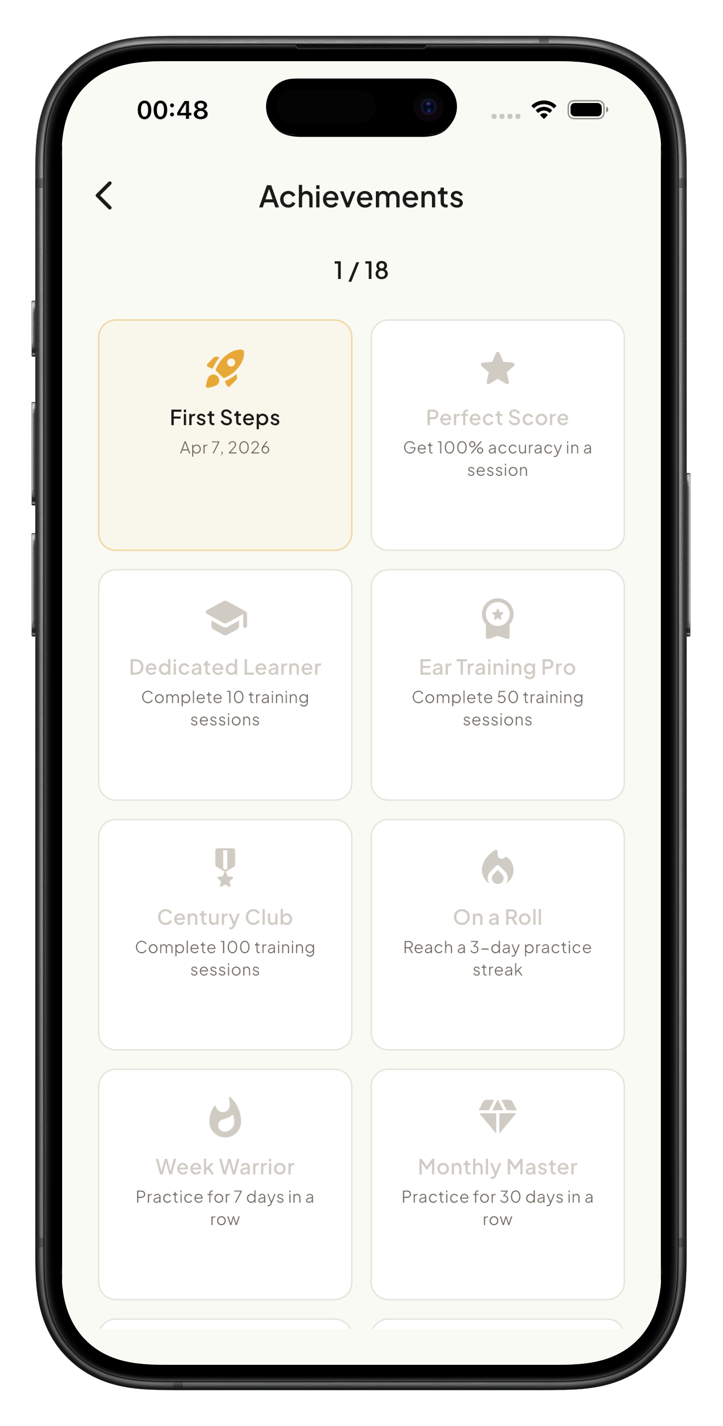 Achievements page with the First Steps badge unlocked and locked milestone badges