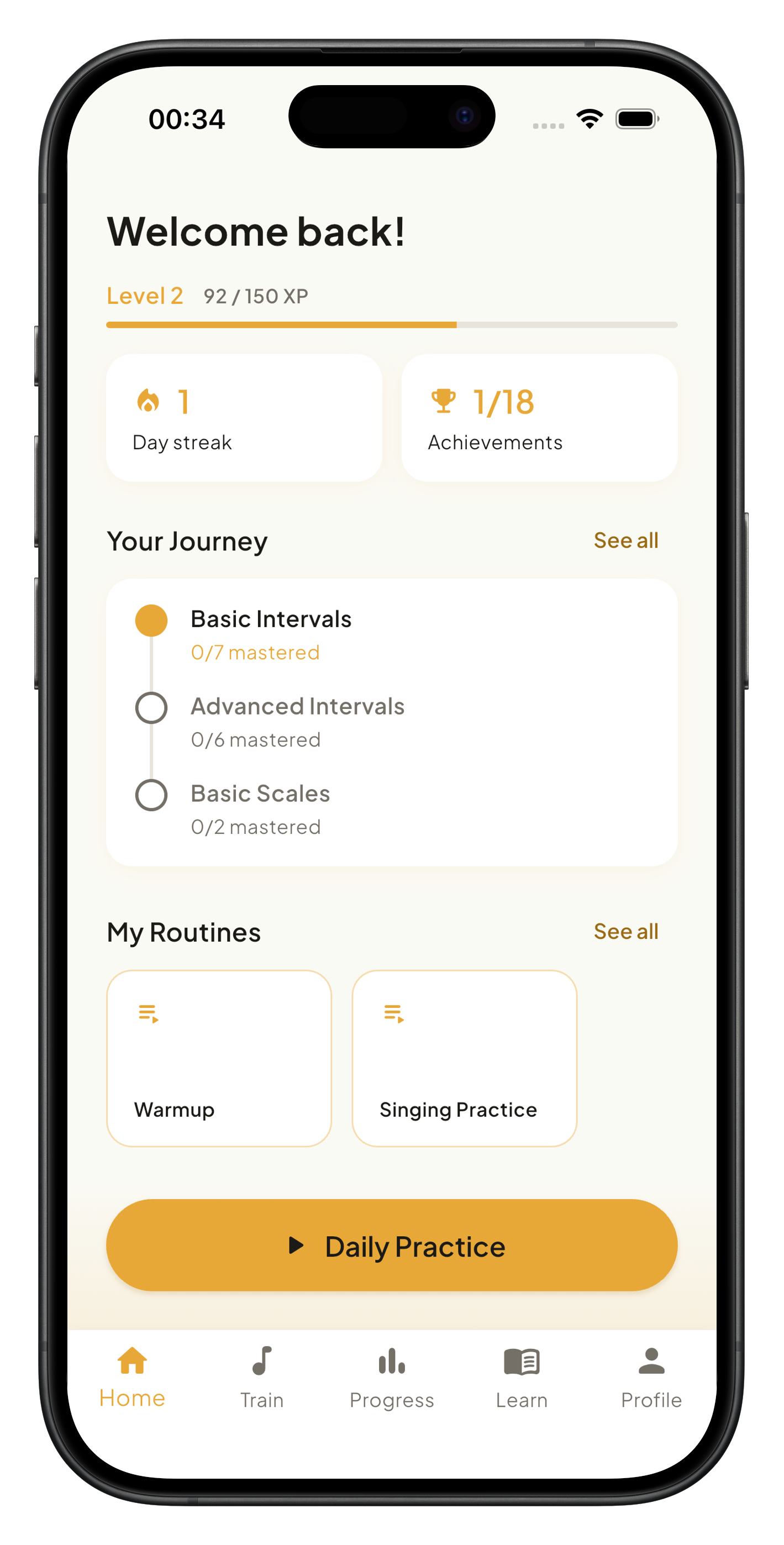 ToneSeed home screen with level progress, day streak, achievements, learning journey, and daily practice button