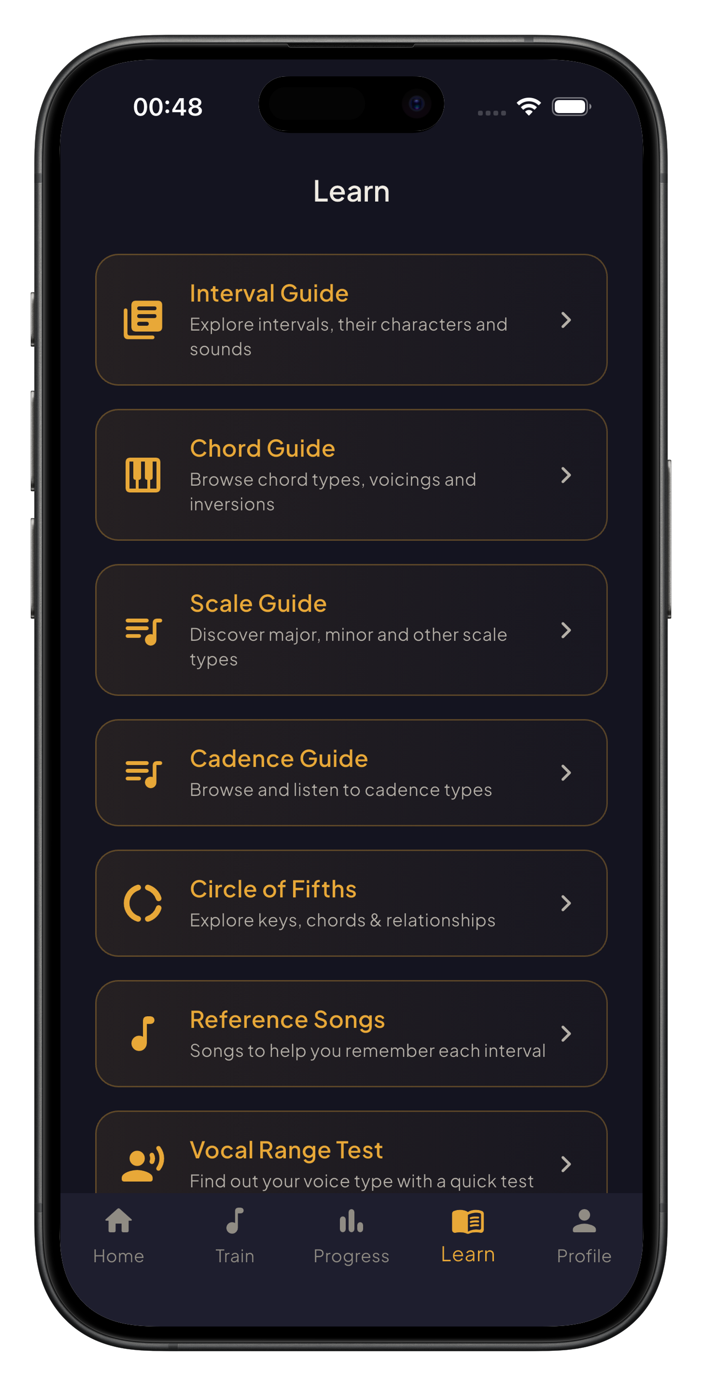 Learn page with guides for intervals, chords, scales, cadences, circle of fifths, reference songs, and vocal range test