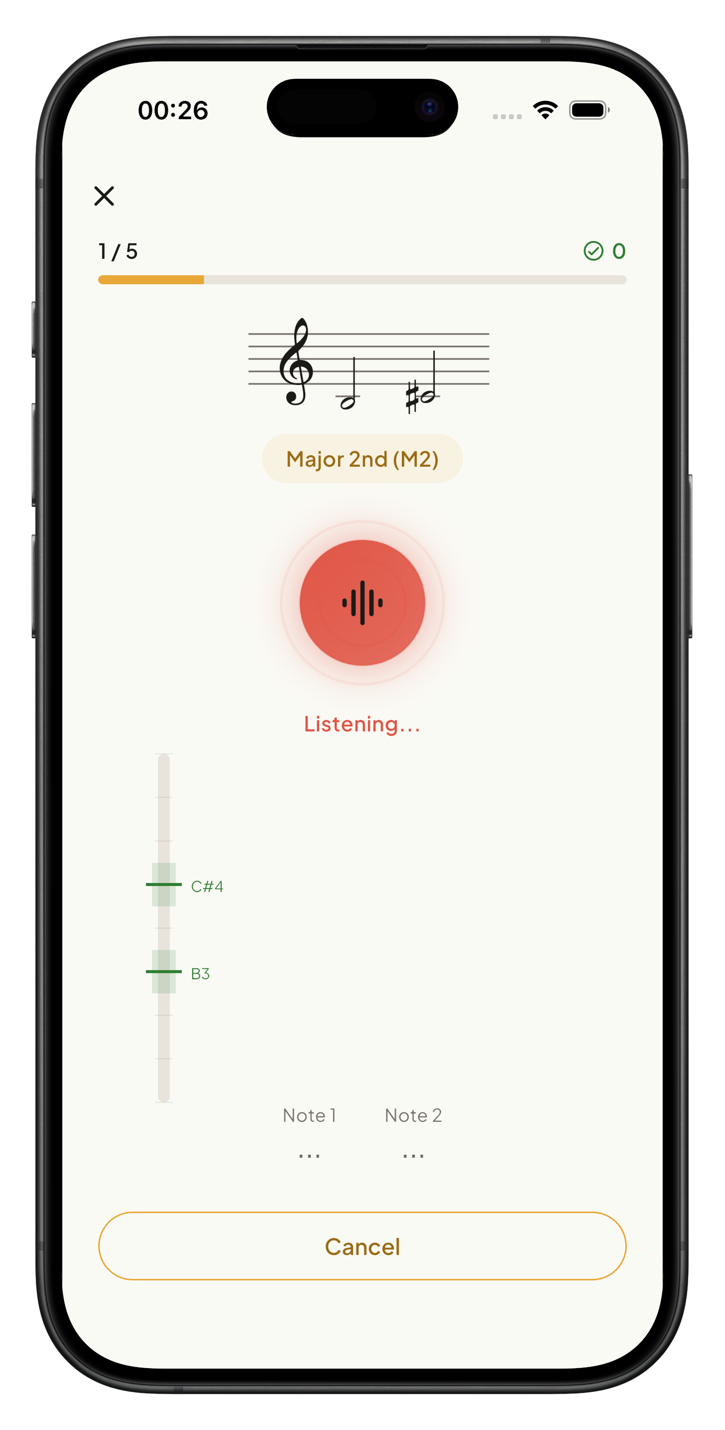 Interval singing exercise with live pitch detection and note tracking