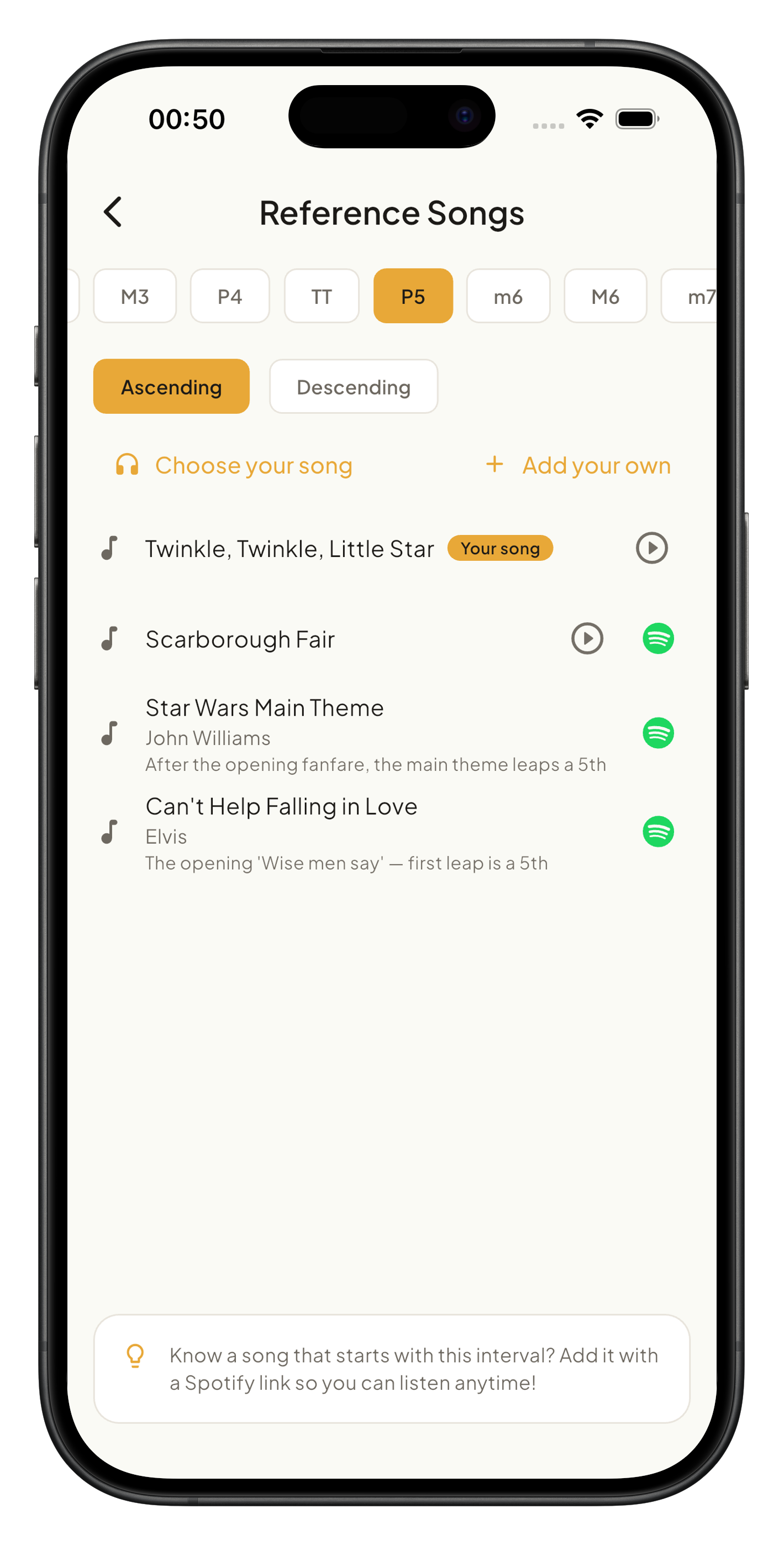 Reference songs library grouped by interval with playable Spotify links